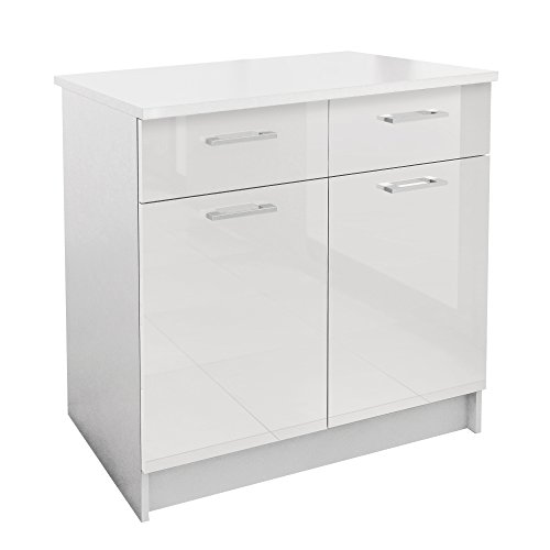 Berlioz Creations PRIMA PG8BTB Meuble Bas de Cuisine avec Plan de travail , 2 Portes + 2 tiroirs décors Blanc Brillant 80 x 60 x 85 cm, Fabrication 100% Française
