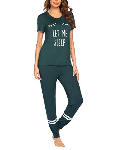 Ekouaer Jammies for Women Cute Pajamas Pj Sets with Tshirt Pajama Joggers Cozy Two Piece Pajamas Deep Green