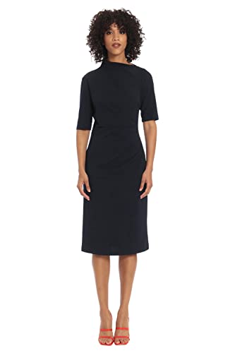 Maggy London Women's Side Pleat Dress with Asymmetric Neck and Elbow Sleeves