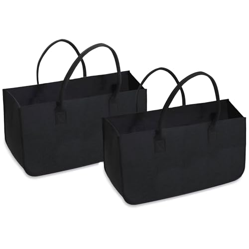 ANTUREBAY Filztaschen 2 Stück Kaminholztasche Filz, Groß Kaminholzkorb Filztasche Shopper Faltbar Filz Einkaufskorb für Holz Zeitungen Kaminholz Filztasche Maße (Schwarz- 2 Pcs Set)