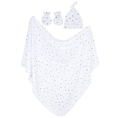 Jersey Cotton Spandex Swaddle Blankets, Receiving Swaddling Blanket 40"X40" With Knot Hat With 2 Mittens Set For Baby Boy Or Girl - Grey Stars #TOP1