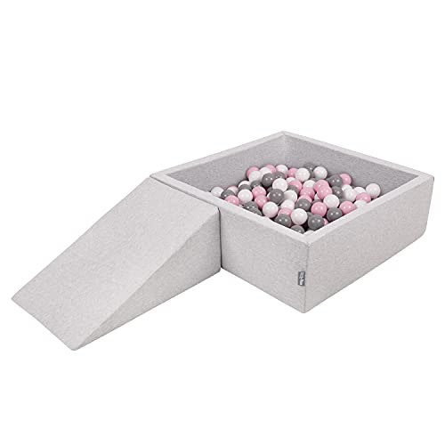 KiddyMoon Aire De Jeux en Mousse avec Carré Piscine À Balles (200 Balles) pour Enfants, Gris Clair: Blanc/Gris/Rose Poudré