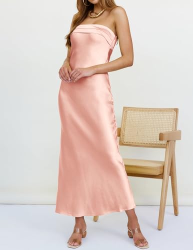 Image of MEROKEETY Women's Summer Satin Strapless Bodycon Dress 2026 Backless Tube Wedding Guest Cocktail Formal Party Maxi Dresses