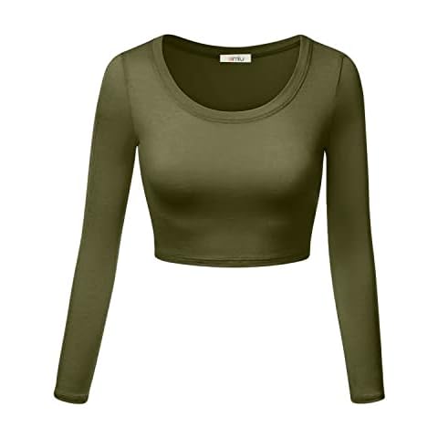 Simlu Womens Crop Top Round Neck Basic Long Sleeve Crop Top with Stretch Reg and Plus Size, Olive, X-Large Cover
