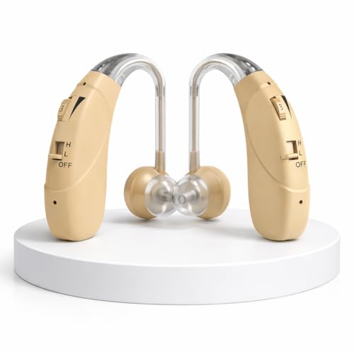Image of Rechargeable Digital BTE Hearing Aid for Old Age with Type-C Charging for Severe to Profound Hearing Loss - Volume Control | Noise Reduction | Comfort Fit for Adults & Seniors (6 Month Warranty) (Beige, For Both Ear)