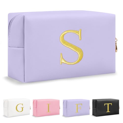 Personalized Gift Initial Makeup Bag,Preppy Gold Embroidered Letter Cosmetic Bag Stocking Stuffers for Teen Girls,Small Travel Toiletry Bag,Custom Christmas Birthday Gift for Women Mom Kids(Purple-S)