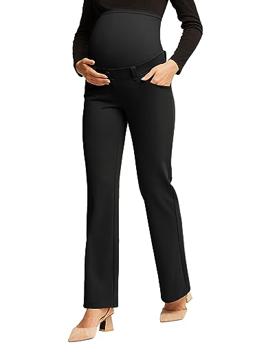 Maternity Flare Leggings Over The Belly Pregnancy Bootcut Pants with Pockets for Yoga Casual Work Black S