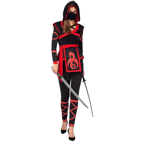 HKYFNNBW - Costume da guerriero ninja da donna, per Halloween, festival, rave, feste, giochi di ruolo, cosplay, costume facewear con fascia in vita (nero rosso, S)
