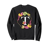 Monograma letra inicial T diseño con un marco floral de orquídeas rosas, amarillas y verdes para cultivadores de orquídeas y jardineros, así como mujeres y niñas que aman las orquídeas
