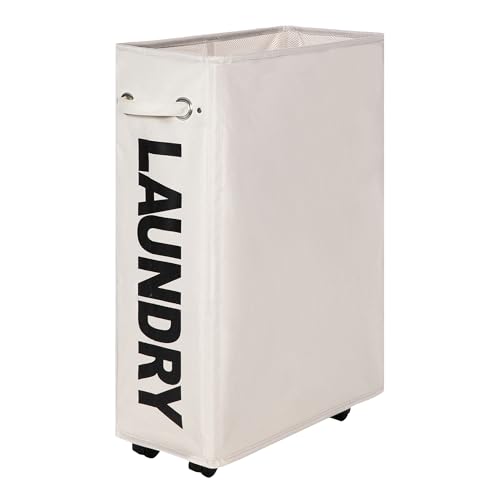 Caroeas Panier à Linge 55L avec Roulettes, Pliable et Étroit, Grande Capacité, Bac de Rangement sur Roues pour Petit Espace，Beige