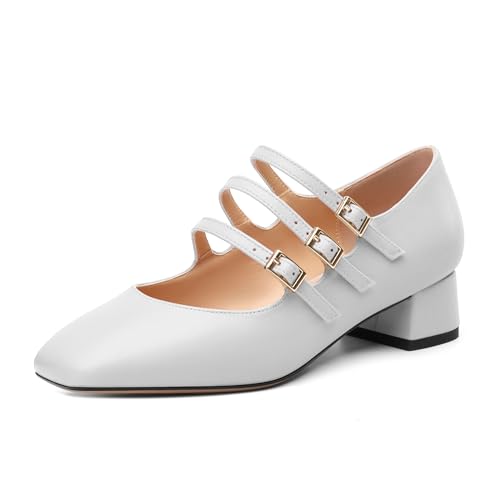 Closed Square Toe Low Chunky Heels for Women，Ladies Three Strap Mary Jane Pumps，Wedding Party Office Dress Shoes