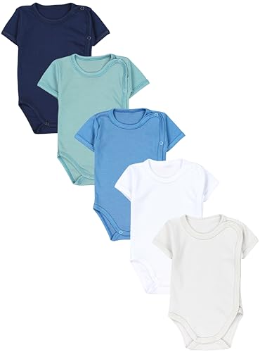 TupTam Baby Body Kurzarm 5er Pack – Wickelbody Body Baby aus Baumwolle für Jungen und Mädchen, Farbe: Hellbeige Weiß Dunkelgrün Jeans Dunkelblau, Größe: 74