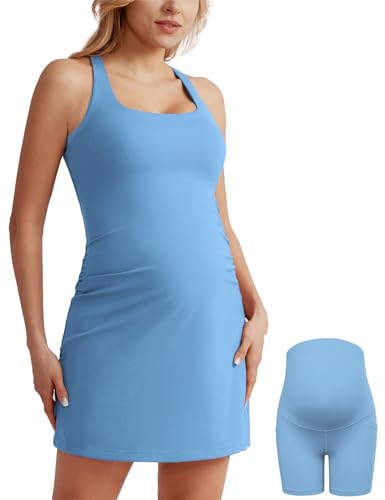 Image of Maacie Maternity Tennis Dress with Shorts and Built in Bra Scoop Neck Sleeveless A-line Workout Golf Dress with Pocket