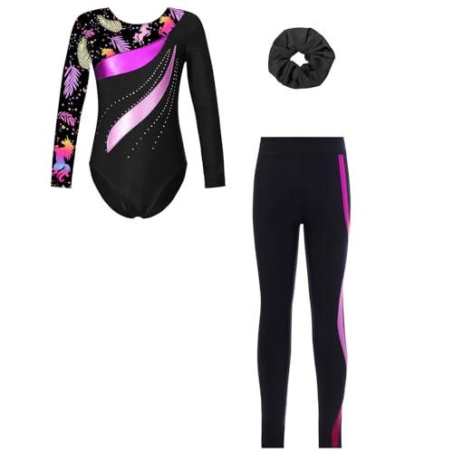 ranrann Justaucorps Gymnastique Fille Legging et Bandeau Tenue Gymnastique Ballet Danse Patinage pour Enfant A Noir&Rose 7-8 ans
