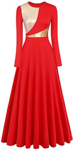 Women Girls Adult Full Length Long Sleeves Loose Fit Liturgical Praise Dance Dress Swing Casual Costume Worship Garment Party Outfit Maxi Gowns Celebration of Spirit Praisewear Red+Gold 2XL