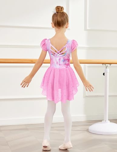 Image of Arshiner Girls Shiny Ruffle Sleeve Ballet Leotard with Skirt Criss-Cross Back Dance Dresses