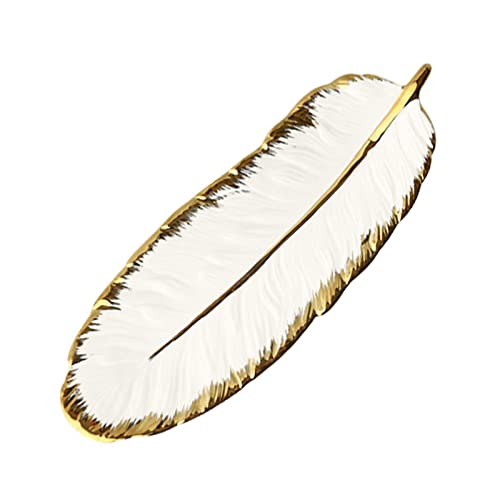 Piatto a forma di foglia, vassoio con piume realistiche, decorazione da tavolo, in ceramica, per gioielli, anelli, gingilli, vassoio decorativo per frutta, snack, dessert, gioielli