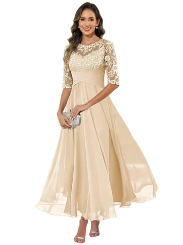 HUINI Damen Brautmutterkleid Chiffon Lang Spitzen Formales Abendkleid Kleider Halbärmel A-Linie...