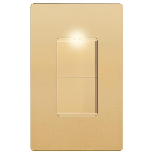 Image of LIDER Lighted Double Switch with Screwless Wall Plate, Combination Frameless Decorator Switch with Locator Light, Ground Terminal, Single Pole, 15A 120V, UL Listed, Thermoplastic, Matte Gold