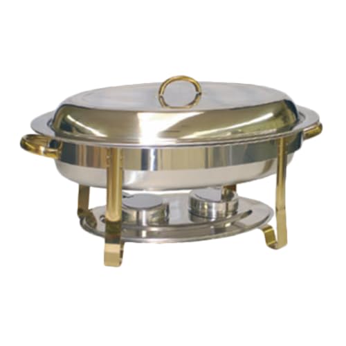 A-to-Z Supply SLRCF0836GH Chafer, 6 Quart, Oval, Lift-Off Cover, Dual Fuel Holder Slots, Gold Accents, Stainless Steel