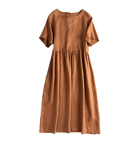 Robe d'été vintage en coton et lin noble couleur caramel premium
