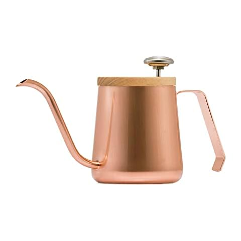 A-IDIO Mini Pour Over Coffee Kettle with Thermometer and Wooden Lid for Exact Temperature, Stainless Steel, Spout Gooseneck Tea Pot, Drip Coffee Maker (12 fl oz/350ml, Rose Gold) Cover