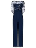 Nyeemya Combinaison en mousseline de soie et dentelle à manches courtes femmes combinaison complète à manches courtes avec pantalon long droit vêtements de concours de mariage Bleu marine XXL