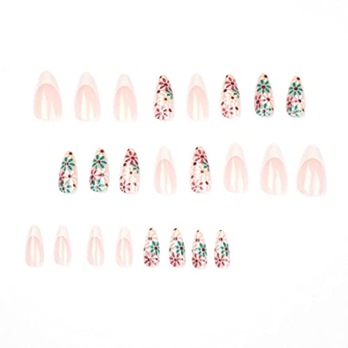 Foccna French Tip White Fake Nails Glossy Almond Press On Nails Acrylic Medium False Nails Tips Flower Design Artificial Finger Manicure 24Pcs  #TOP2