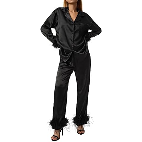 YAYAOAYAY Women Fur Feather Trim Christmas Pajamas Long Sleeve Button-Down Lapel Tops + Pants Satin Silk Lounge Set Sleepwear (Black, L) Cover