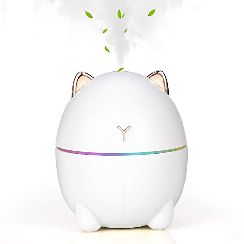 ミニ加湿器 加湿器 小型 卓上 アロマ加湿器 usb給電 ベッドサイド 加湿機 乾燥予防 七色LEDライトかわいい 猫 子供 大人 インテリア オフィス 静か うるおい 花粉対策 パソコン インフルエンザ 静音200ML 6時間連続加湿 プレゼント ホワイト