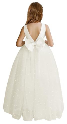 MCieloLuna Elegant Flower Girl Dress Satin Tulle Princess Pageant Dresses for Girls Pearl Beads Wedding Maxi Gown