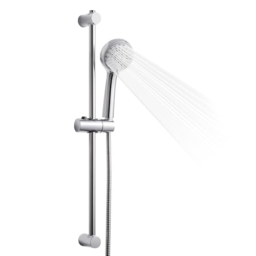 OFFO Shower Slide Bar Combo Adjustable 21 in Slide Bar with 3-Mode Round Handheld Shower Head and 60 in Stainless Steel Hose Screw Wall Mounted Chrome Finish