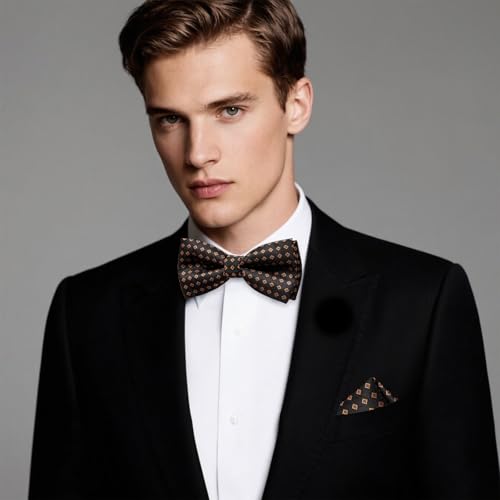 Image of Hi-Tie Bow Ties for Men Pre-Tied Pocket Square with Cufflinks Mens Bowtie Sets for Wedding Formal Party