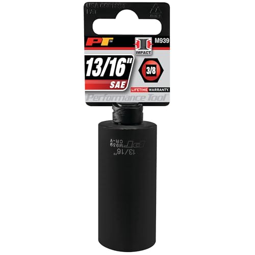 Image of Performance Tool M939 3 /8 in. Drive 13 /16 in. Deep Impact Socket | Automotive tool. 6-point rounded corners for tighter grip. Drop forged chrome vanadium steel. Large size etching