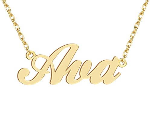 Dancing Wolf 18k Gold Plated Ava Name Necklace Stainless Steel Nameplate Necklaces Jewelry for Womens Moms