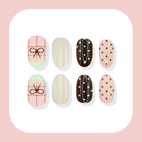 Image of Polka Dot Press on Nails Brown Fake Nails Bow False Nails Short Almond Nail | with Stripe Design Reusable Nude Glossy Full Cover French Tip Stick on Nails Fall Nails Press ons for Women Manicure 24Pcs