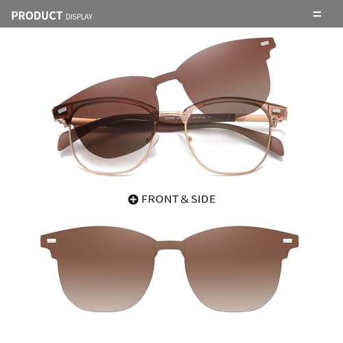 Blue Light Blocking Glasses with Polarized Clip On Sunglasses Lenses for Men Women Magnetic Multi-use Metal Frame Brown3