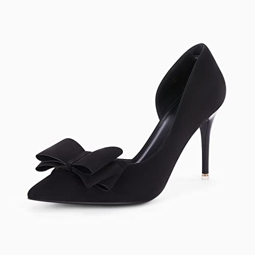 Image of Womens Bow Heels Closed Pointed Toe Dress Shoes Stiletto Slip on Wedding Pumps