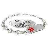 Medical Alert Bracelet for Women with Free Custom Engraving, Steel Heart-Link Chain CZ Stone, Red Medic ID | Wrist Size 8.75 inch