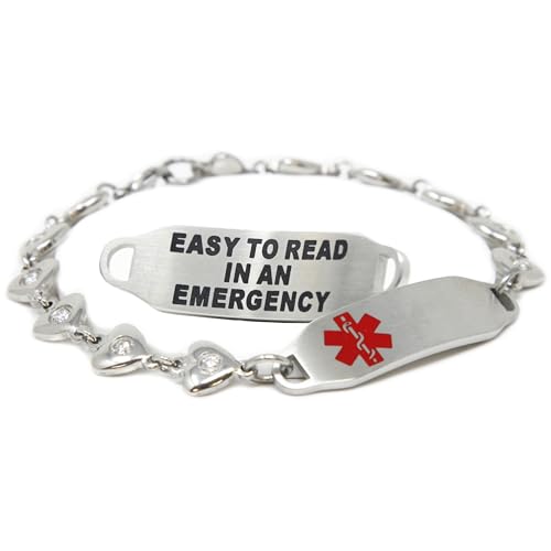 Medical Alert Bracelet for Women with Free Custom Engraving, Steel Heart-Link Chain CZ Stone, Red Medic ID | Wrist Size 8.75 inch