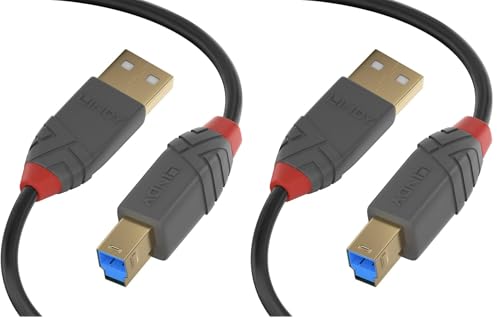 Image of LINDY 36741 USB 3.2 Type A to B Cable, 5Gbps, Anthra Line, Black, 1m (Pack of 2)