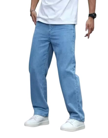 comfits Loose Fit Denim Baggy Jeans, Sky Blue, Plain-picture-55
