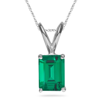 May Birthstone - Lab Created Emerald Cut Emerald Solitaire Pendant In 14K White Gold Available In 5X3Mm - 14X10Mm (9X7Mm - 2.10-2.40 Cts) #TOP2