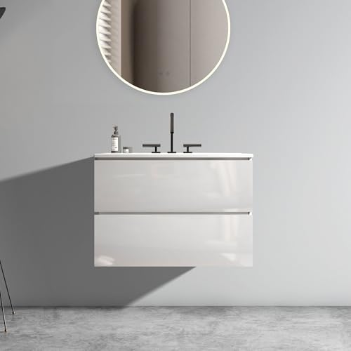 Wall Mounted Floating Bathroom Vanity with Integrated Overflow Sink Basin