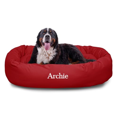 Image of Majestic Pet Personalized 52 Inch Bagel Calming Dog Bed Washable - Cozy Soft Round Dog Bed with Spine Support for Dogs to Rest Their Head - Fluffy Donut Dog Bed 52x35x11 (Inch) - X-Large - Red