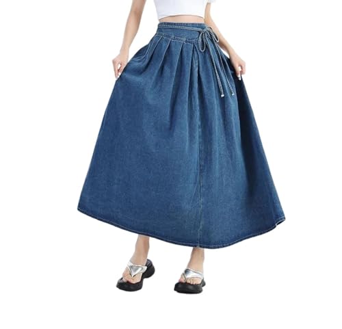 Womens High Elastic Waist Long Denim Skirt with Lace-Up Jeans Skirts Comfortable Daily Wear