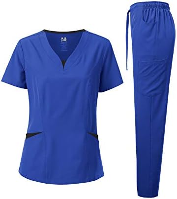 Dagacci Medical Uniform Women’s Contrast V-Neck Natural Stretch Scrub Set