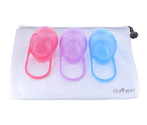 purifyou PurePouch BPA-Free Pacifier Case Holder & Nipple Shield Case, Hold Up to Two and Three Pacifiers and Pacifier Clips Per Container with Free Mesh Sack (Set of 3, Mixed)