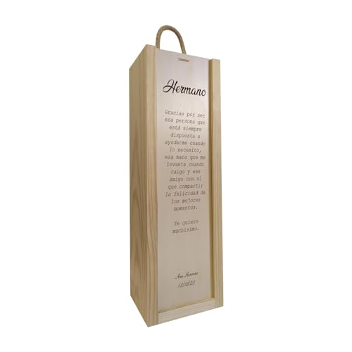 Deliex. Regalo para hermanos con el mensaje que quieras, caja de madera personalizada para botellas, regalo original de cumpleaños… (1 botella)