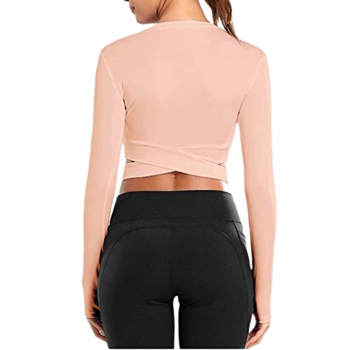 Bontierie Women Crew Neck Crop Tops Tummy Cross Long Sleeve Shirt for Yoga Fitness Running Tank Tops (Pink Long, Small)